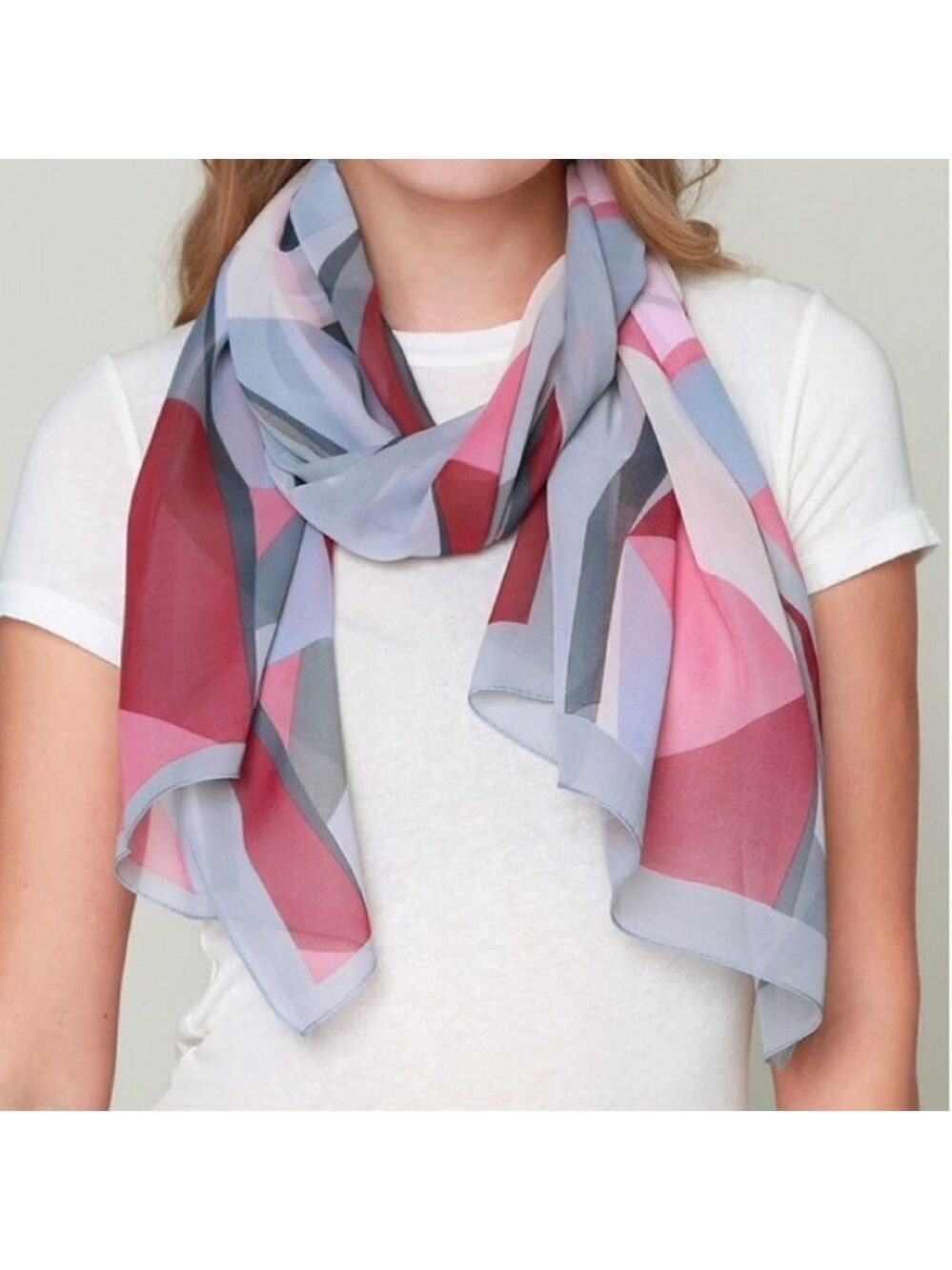 Abstract geometric print pink gray spring sumner chiffon scarf wrap oblong new